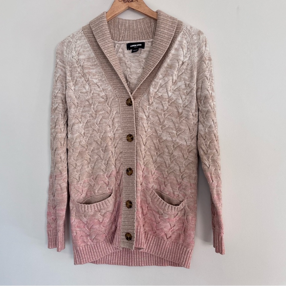 Lands End Cable Knit Sweater Cardigan W/Pockets Ombre Classic Boho Fits XS/S A94